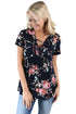 Sexy Black Floral Grommet Lace Up V Neck Loose Shirt